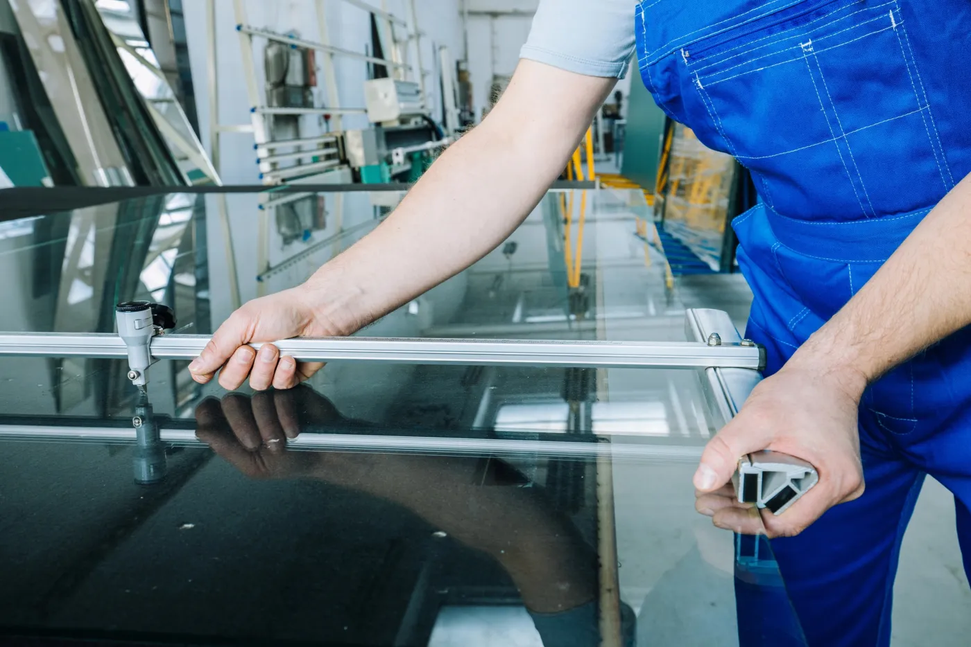 Découpe d'un panneau de verre au format sur mesure à l'atelier du Vésinet